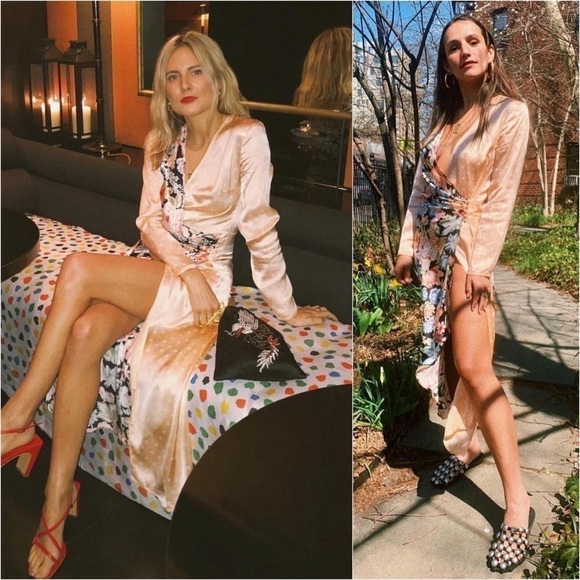 RIXO Satin Floral‎ Dot Colorblock Long Sleeve V-Neck Ruched Wrap Midi Dress XS - Picture 2 of 11